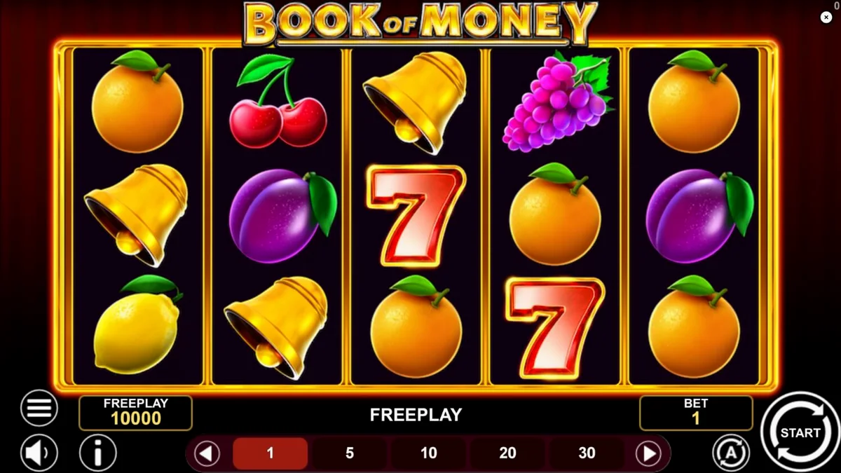 Tampilan visual gulungan slot Book of Money dengan simbol buah dan buku emas