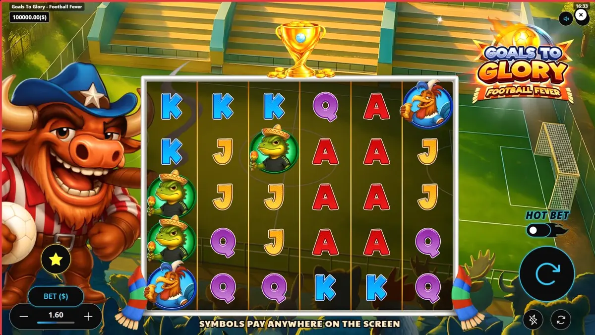 Karakter hewan atletik dalam permainan slot Goals to Glory Football Fever
